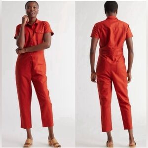 Quince Cotton Linen Twill Short Sleeve Coverall Jumpsuit in Rust Red. Size Med